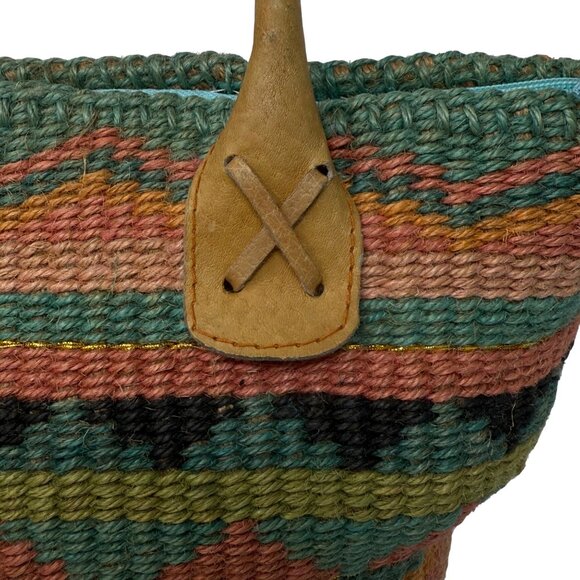 Vtg 1992 Cappelli Straworld Woven Stripe Tote Bag Leather Handles Zipper Close - Picture 2 of 11